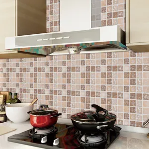 Mosaic tile sticker detail showing kitchen backsplash renovation, self-adhesive decor.