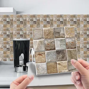 Self-adhesive mosaic tile sticker with frosted film for kitchen wall decor and renovation.