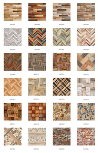 Detail showcase of various wood grain and stone texture self-adhesive wall tile stickers.