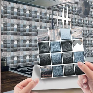 Kitchen mosaic tile sticker detail, self adhesive frosted surface wall decor peel and stick.