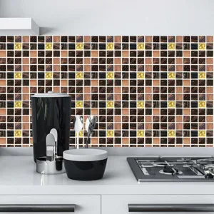 Kitchen mosaic tile sticker detail, self-adhesive waterproof wall decor for home renovation.