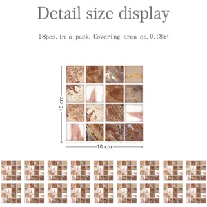 Mosaic tile sticker detail size and 18pcs package display for kitchen wall renovation.
