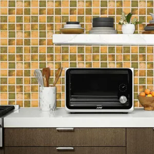 Mosaic tile sticker detail showing textured matte finish and vibrant green-yellow kitchen wall decor.