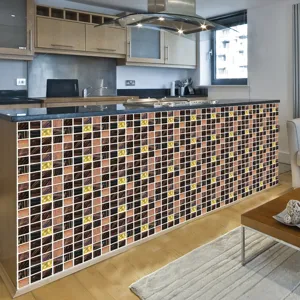 Self-adhesive mosaic tile stickers with matte film for kitchen island and wall renovation.