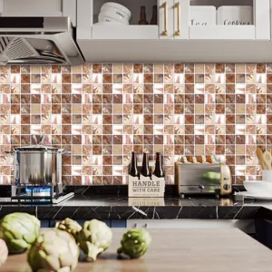 Kitchen backsplash mosaic tile sticker detail, self-adhesive waterproof peel and stick.