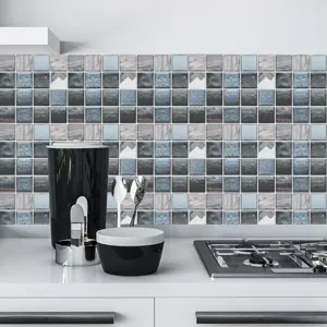 Self-adhesive mosaic tile stickers for kitchen backsplash renovation, waterproof wall decor.