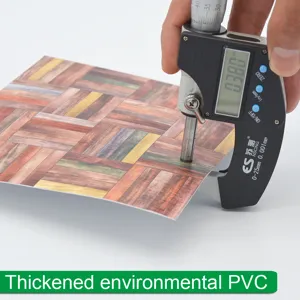 Close-up detail shot of wood grain tile sticker thickness measurement with digital micrometer.