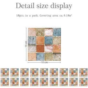 Mosaic tile sticker detail showing 10x10cm size and 18pcs pack for home kitchen decor.