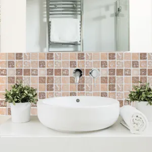 Mosaic tile sticker scene detail, self-adhesive waterproof wall decor for kitchen and bathroom.