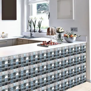 Detail view of mosaic tile sticker applied on kitchen counter, self-adhesive waterproof decor.