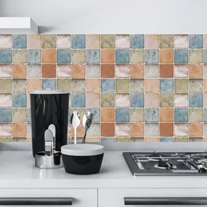 Detailed view of self-adhesive mosaic tile stickers featuring vintage multi-color design.