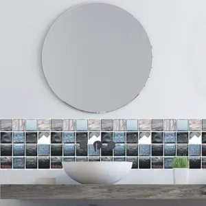 Self-adhesive mosaic tile stickers, blue and black matte wall decor for kitchen and bathroom.