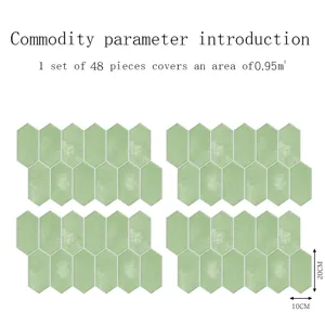 Green geometric tile stickers detail showing specific size 20x10cm and set coverage area.