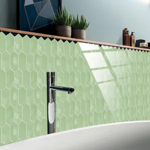 Detail view of green picket tile sticker, self-adhesive waterproof wall paper for home decor.