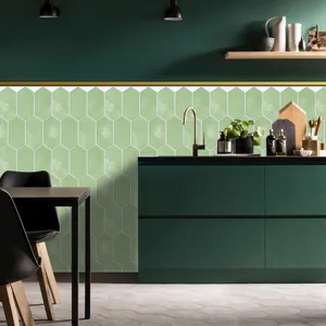 Green geometric hexagonal kitchen wall tile sticker detail application scene view