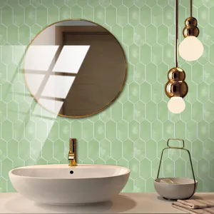 Green geometric crystal tile sticker detail, waterproof wall decor for home renovation.