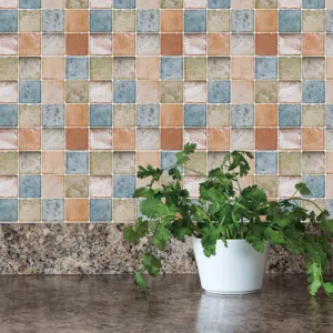Self-adhesive mosaic tile sticker for kitchen wall backsplash renovation, matte finish decor.