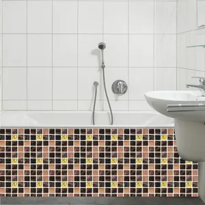 Close-up detail shot of mosaic tile sticker applied on bathtub, frosted texture, waterproof decor.