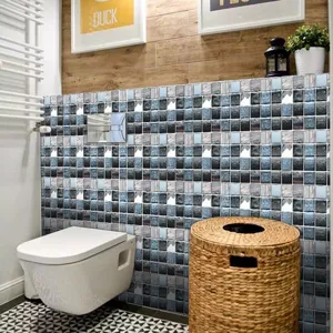 Mosaic tile sticker detail view, frosted texture blue black self adhesive wall decor kitchen.