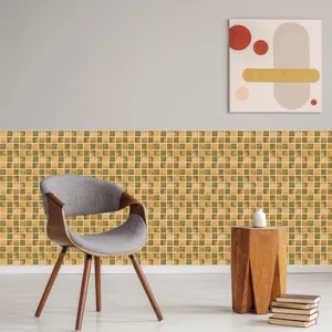 Interior scene detail of self-adhesive mosaic tile stickers on wall with chair and decor.