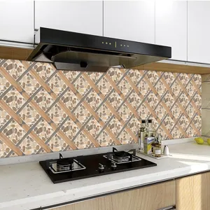 Kitchen wall sticker detail, retro wood grain and pebble pattern backsplash tile.