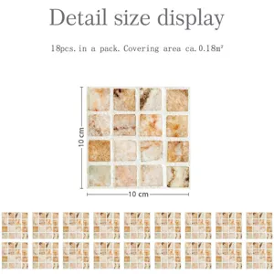 Detail size display of mosaic tile sticker, 10x10cm per piece, 18pcs pack for kitchen.