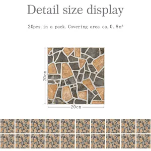 Detail view of square mosaic tile sticker, 20x20cm size, 20 pieces per pack covering 0.8 square meters.
