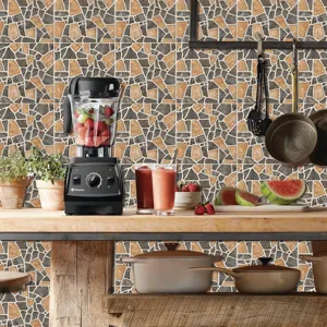 Kitchen wall scene featuring realistic stone texture tile sticker with modern decor details.