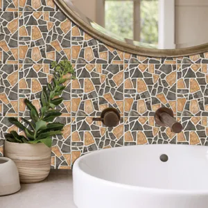 Detail view of peel and stick tile sticker with retro stone wood texture for wall decor.