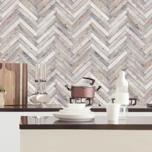 Close-up view of vintage herringbone wood grain kitchen wall sticker detail and texture.