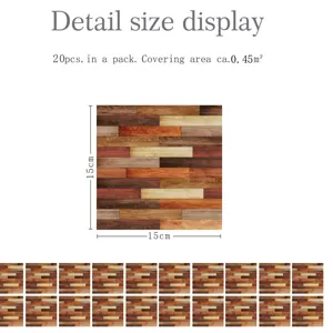 Wood grain tile sticker detail view, 15x15cm single piece, 20 pieces pack for home wall decor.
