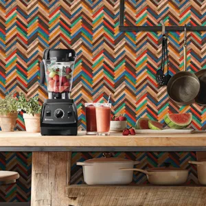 Retro herringbone wood grain tile sticker peel and stick wallpaper for kitchen decor detail view.
