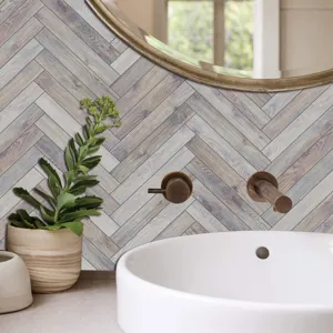 Wood grain tile sticker detail showing herringbone wall texture in modern bathroom setting.