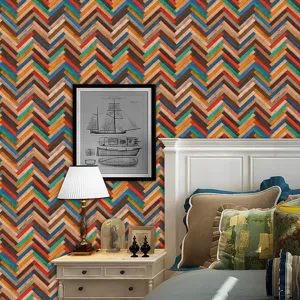 Colorful herringbone wood texture wallpaper detail showing realistic retro geometric wall sticker.