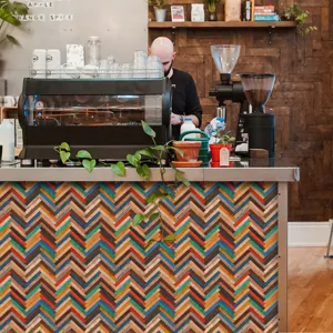 Wood grain herringbone tile sticker vintage self-adhesive wall paper for counter decor furniture.