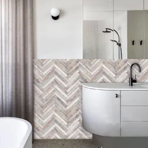 Detailed view of herringbone wood grain wall sticker, peel and stick antique tile for home decor.