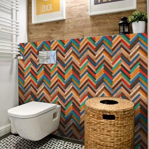 Bathroom wall sticker detail showing colorful chevron wood grain pattern tile decal in home.