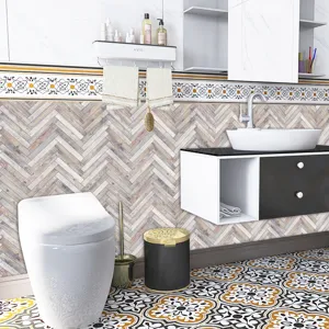 Detailed scene showing wood grain and vintage patterned tile stickers applied in bathroom wall.