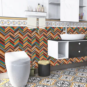Detailed view of colorful herringbone wood grain tile sticker for bathroom wall decor.