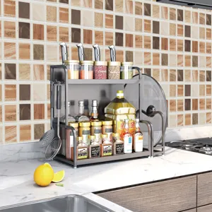 Multifunctional kitchen spice rack counter organizer with knife holder and spice jars for home.