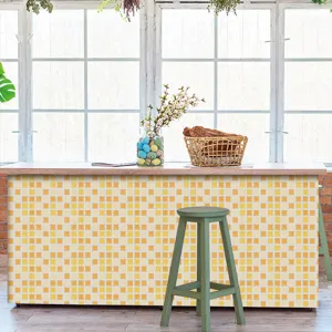 Detail view of yellow mosaic tile sticker, waterproof self-adhesive wall paper for kitchen.