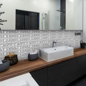 Bathroom wall sticker detail showing modern 3d mosaic tile backsplash design for home decor.