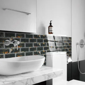 Detailed view of self-adhesive black marble crystal tile sticker, perfect for bathroom wall decor.