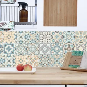 Vintage mosaic tile stickers for kitchen wall decor, waterproof oil-proof peel and stick panels.