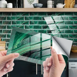 Autocollants de Carrelage en Cristal Imperméables Auto-adhésifs Motif Marbre Vert Decals Muraux Pour Décoration de Rénovation de Cuisine