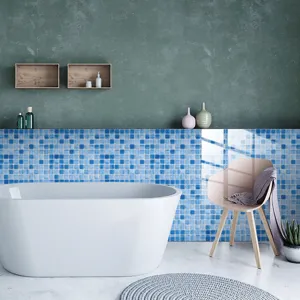 Dettagli dell'adesivo per piastrelle mosaico blu, film lucido PVC impermeabile per interni.