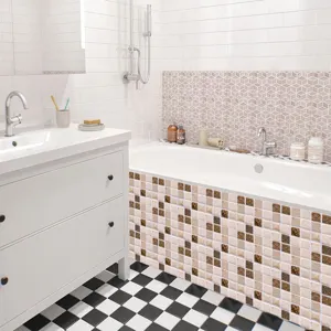 Vue detail de l'autocollant carrelage mosaique 3D, decoration murale salle de bain etanche.