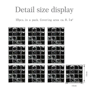Stickers carrelage mosaique auto-adhesifs 3D, 10pcs par paquet, decoration murale noire.