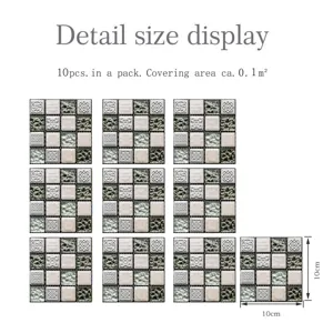 Vue détaillée de l'adhésif carrelage mosaïque 3D, sticker mural PVC, format 10x10cm par pièce.