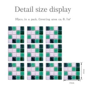Detail adhesif carrelage mosaique 3D, sticker mural autocollant vert et blanc, lot de 10